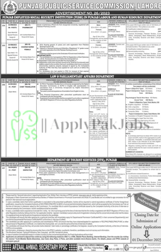Latest Punjab Public Service Commission No 26/2023 Jobs