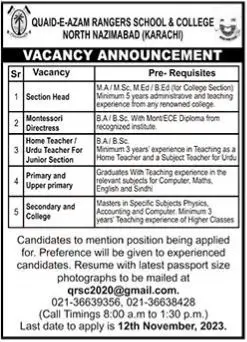 Latest Quaid E Azam Rangers School &Amp; College Jobs 2023