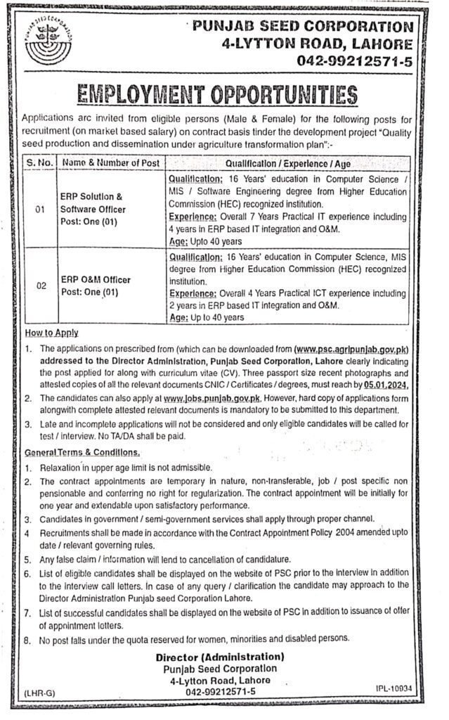 Punjab Seed Corporation Latest Jobs 2024 Online Apply