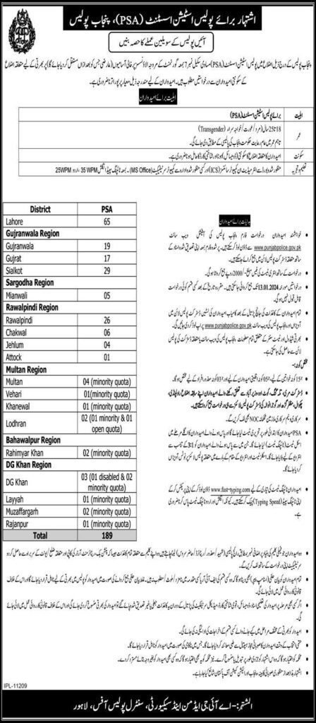 Latest Punjab Police Station Assistant  Jobs 2024