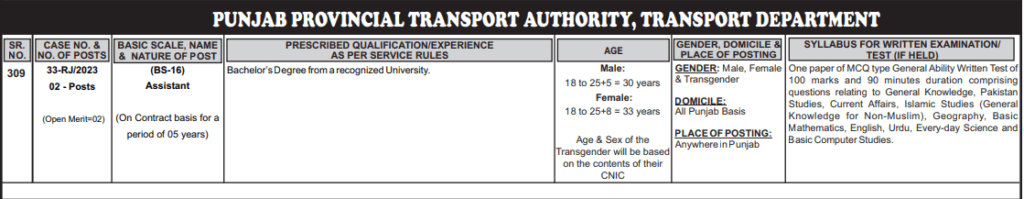 Punjab Provincial Transport Authority Latest Jobs 2024