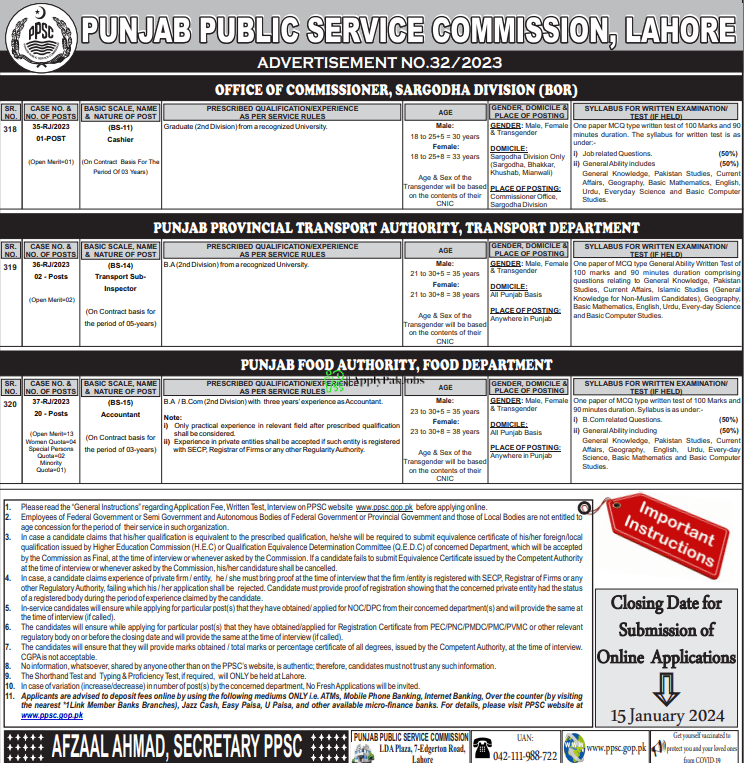 Ppsc Advertisement No 32/2023 Latest Jobs 2024 Online Apply